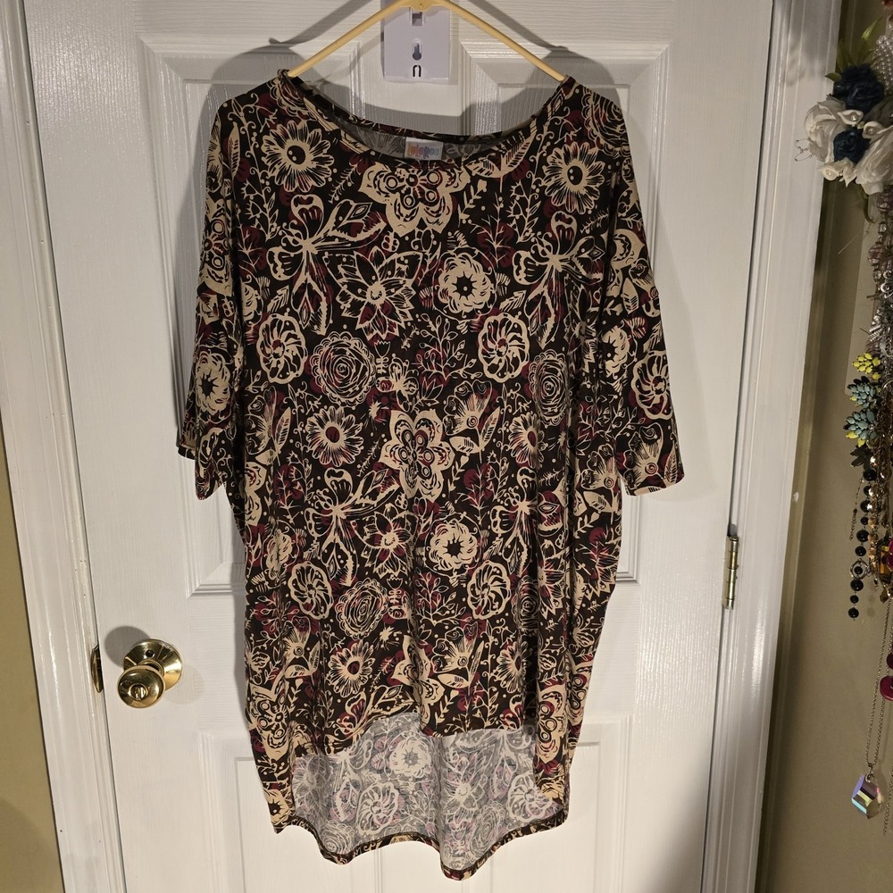 LulaRoe Irma Brown Red Floral Short Sleeve Pullover Tunic Top Womens Large
